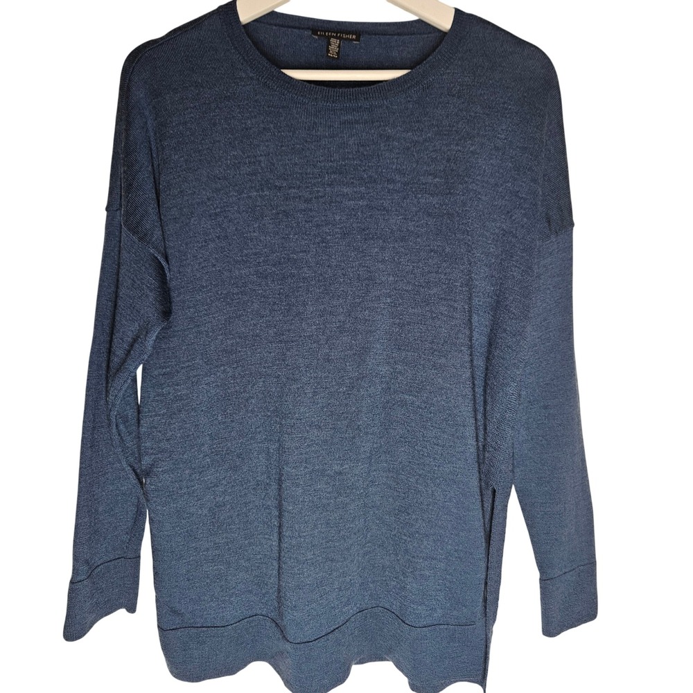 Eileen‎ Fisher Blue Heathered Knit Sweater Tunic Side Slits XS TP Italian Yarn